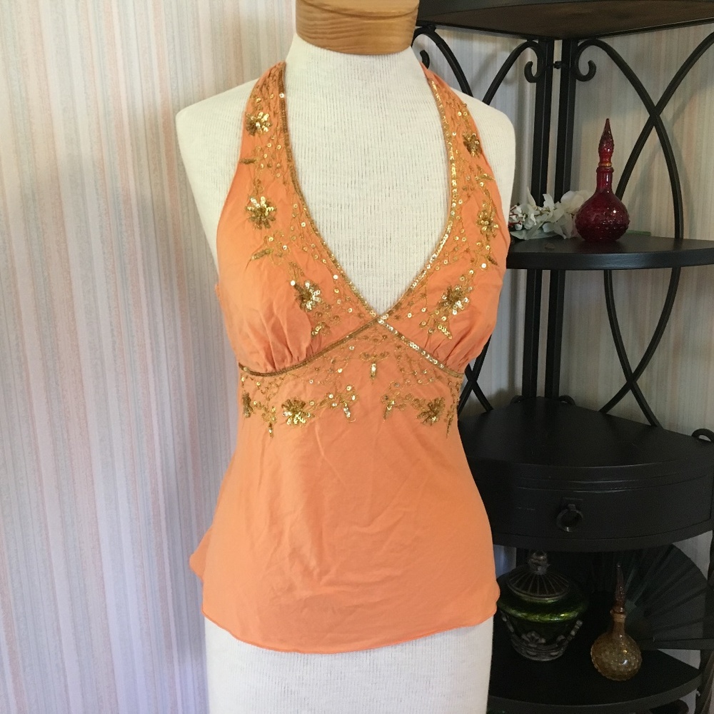 Peach halter with gold sequins, size S